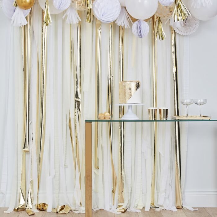 Metallic Gold and White Party Streamers Backdrop - Ellie and Piper