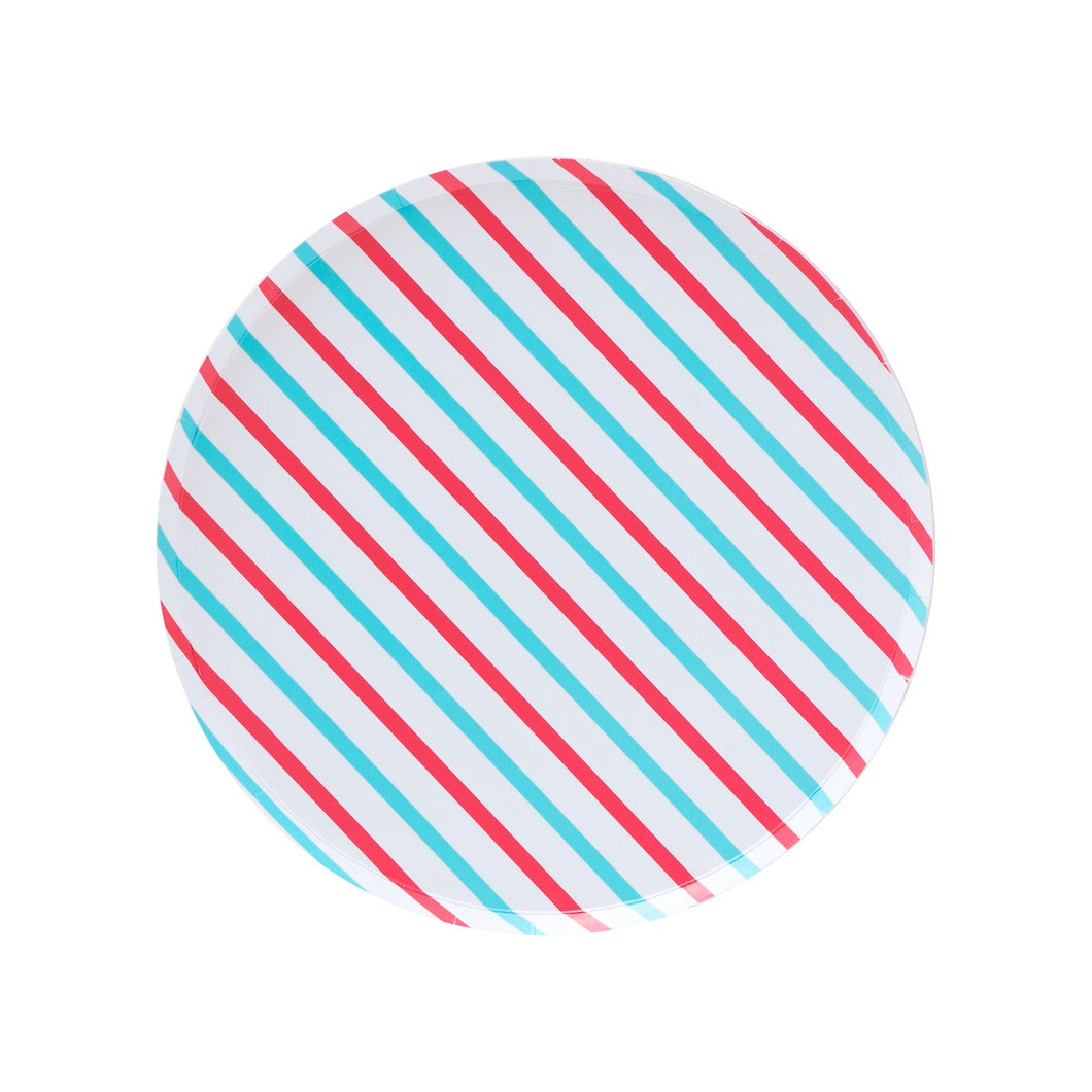 Cherry Red & Sky Blue Stripes Large Paper Plates - Ellie and Piper