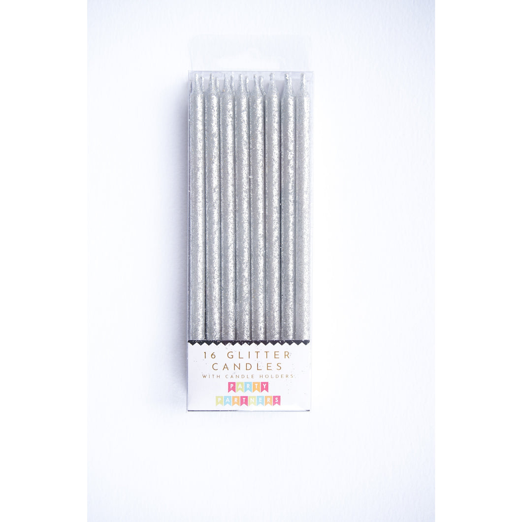 Tall Solid Silver Glitter Candles - Ellie and Piper